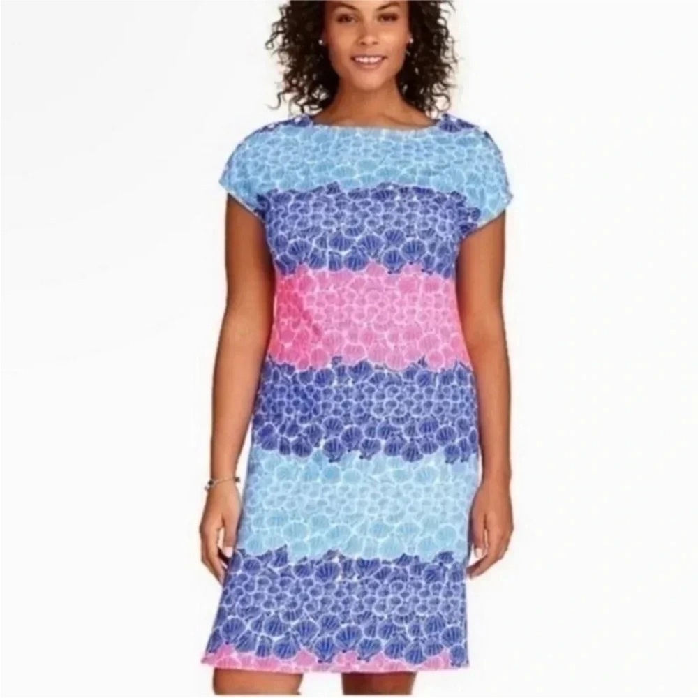 Talbots Blue/Pink Coastal Allover Seashell Print 100% Cotton Sheath Dress